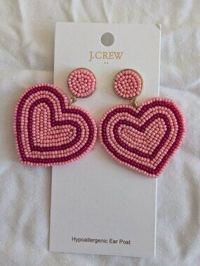 J.Crew Seed Bead Pink Heart Stud Earrings NWT